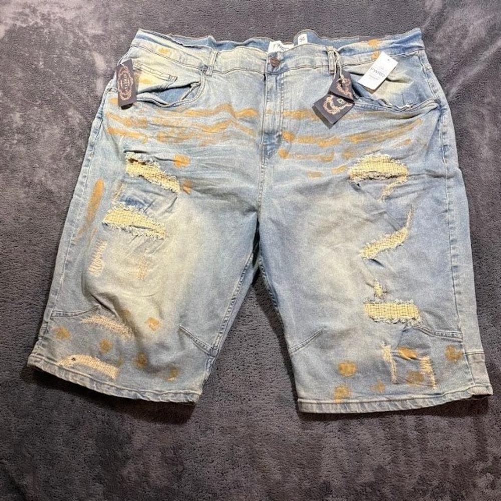 FWRD Denim‎ Mens Slim Fit Distressed Paint Splatter Jean Shorts Light Wash 50x14